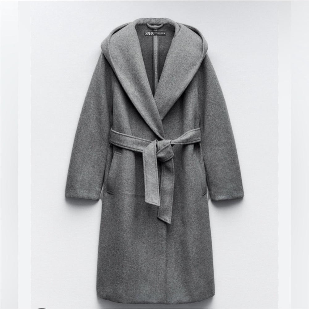 Zara Charcoal Hooded Wrap Lapel Coat Size M